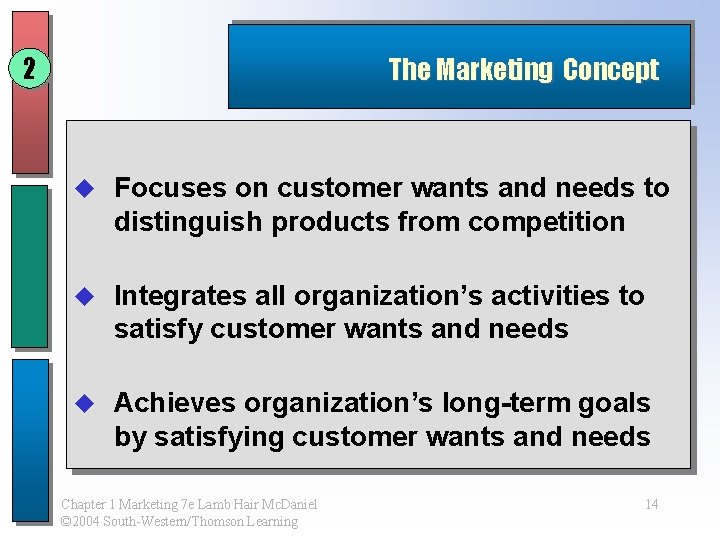2 The Marketing Concept u Focuses on customer wants and needs to distinguish products