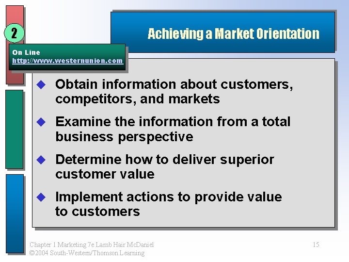 2 Achieving a Market Orientation On Line http: //www. westernunion. com u Obtain information