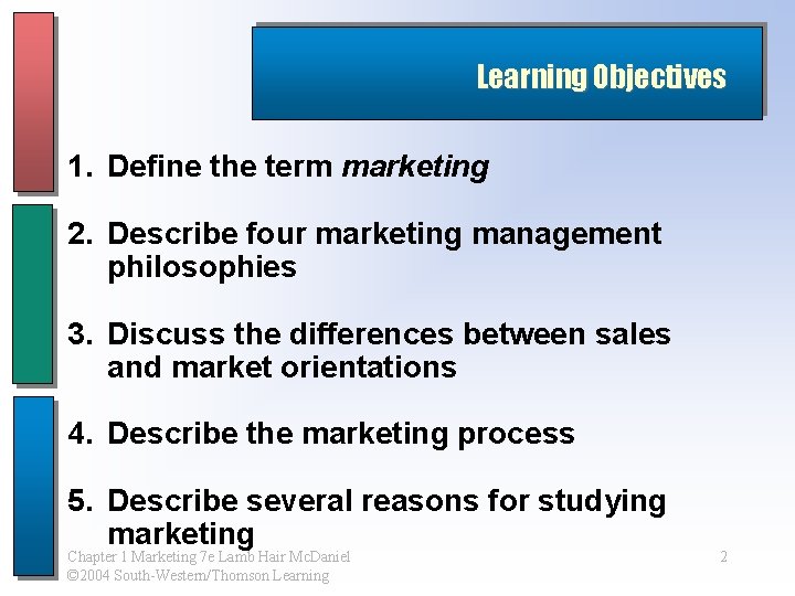 Learning Objectives 1. Define the term marketing 2. Describe four marketing management philosophies 3.