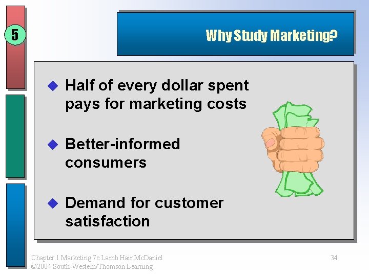 5 Why Study Marketing? u Half of every dollar spent pays for marketing costs