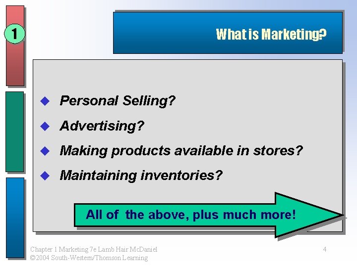 1 What is Marketing? u Personal Selling? u Advertising? u Making products available in