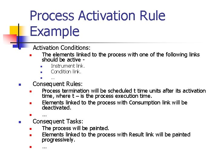 Process Activation Rule Example Activation Conditions: n n The elements linked to the process Process Activation Rule Example Activation Conditions: n n The elements linked to the process