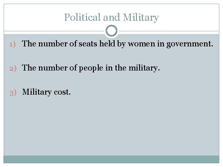 Political and Military 1) The number of seats held by women in government. 2)