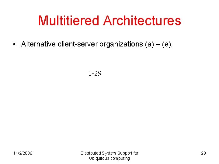 Multitiered Architectures • Alternative client-server organizations (a) – (e). 1 -29 11/2/2006 Distributed System Multitiered Architectures • Alternative client-server organizations (a) – (e). 1 -29 11/2/2006 Distributed System