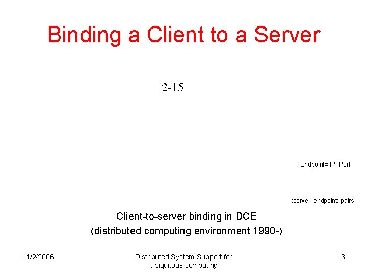Binding a Client to a Server 2 -15 Endpoint= IP+Port (server, endpoint) pairs Client-to-server Binding a Client to a Server 2 -15 Endpoint= IP+Port (server, endpoint) pairs Client-to-server