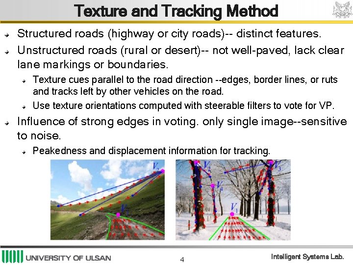Texture and Tracking Method Structured roads (highway or city roads)-- distinct features. Unstructured roads