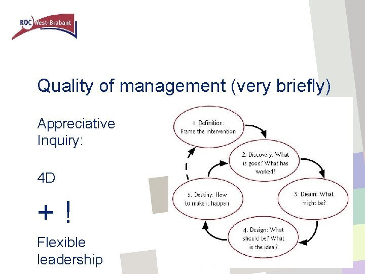 Quality of management (very briefly) Appreciative Inquiry: 4 D +! Flexible leadership 