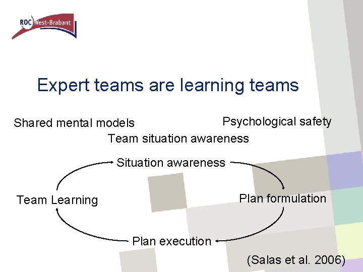 Expert teams are learning teams Psychological safety Shared mental models Team situation awareness Situation