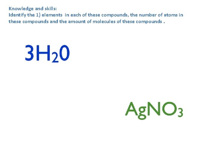 Knowledge and skills: Identify the 1) elements in each of these compounds, the number