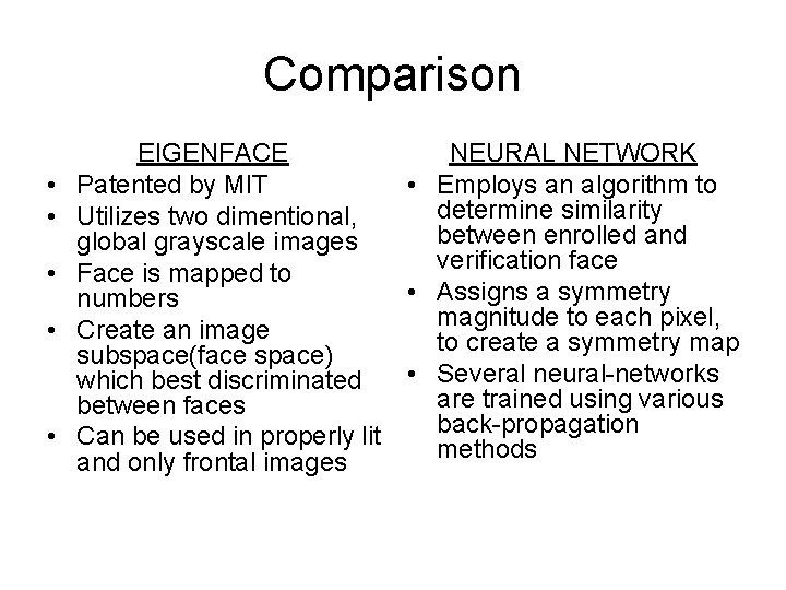 Comparison • • • EIGENFACE Patented by MIT Utilizes two dimentional, global grayscale images