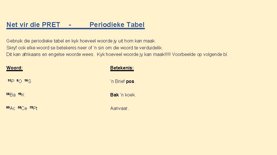 Net vir die PRET - Periodieke Tabel Gebruik die periodieke tabel en kyk hoeveel