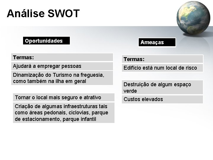 Análise SWOT Oportunidades Ameaças Termas: Ajudará a empregar pessoas Edifício está num local de