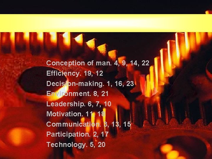 Conception of man. 4, 9, 14, 22 Efficiency. 19, 12 Decision-making. 1, 16, 23