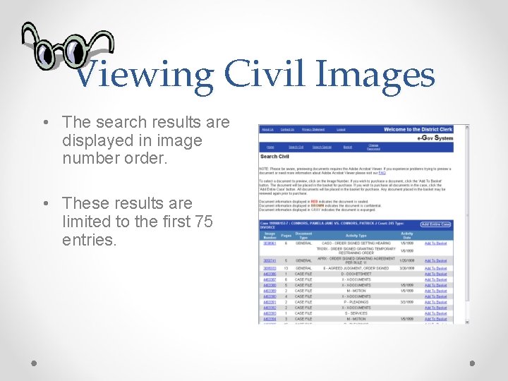 Viewing Civil Images • The search results are displayed in image number order. •