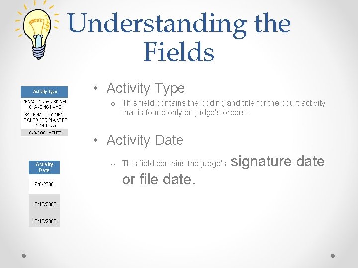 Understanding the Fields • Activity Type o This field contains the coding and title