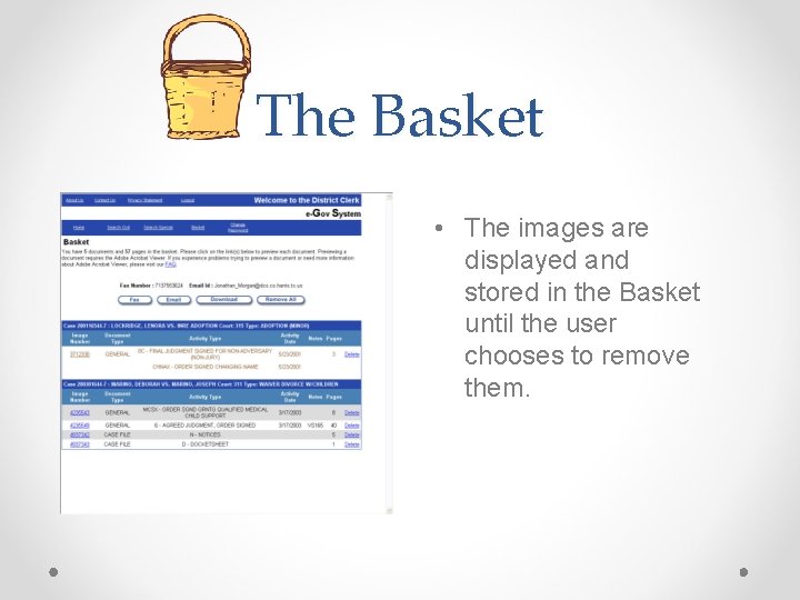 The Basket • The images are displayed and stored in the Basket until the