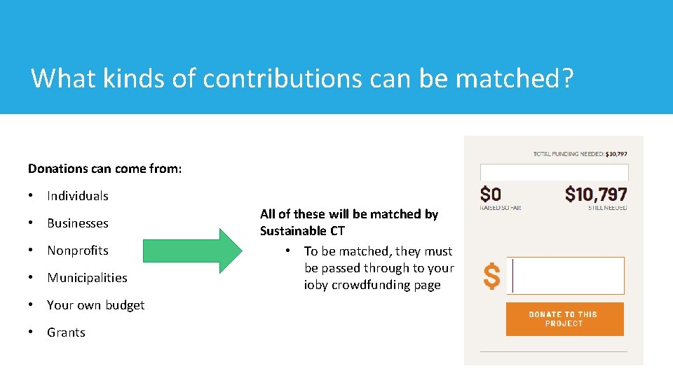 What kinds of contributions can be matched? Donations can come from: • Individuals •