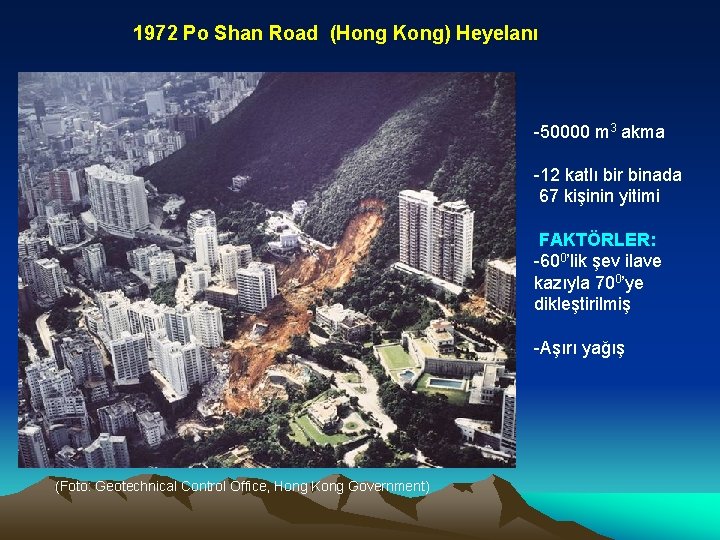 1972 Po Shan Road (Hong Kong) Heyelanı -50000 m 3 akma -12 katlı bir
