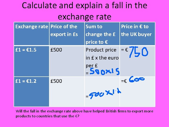Calculate and explain a fall in the exchange rate Exchange rate Price of the