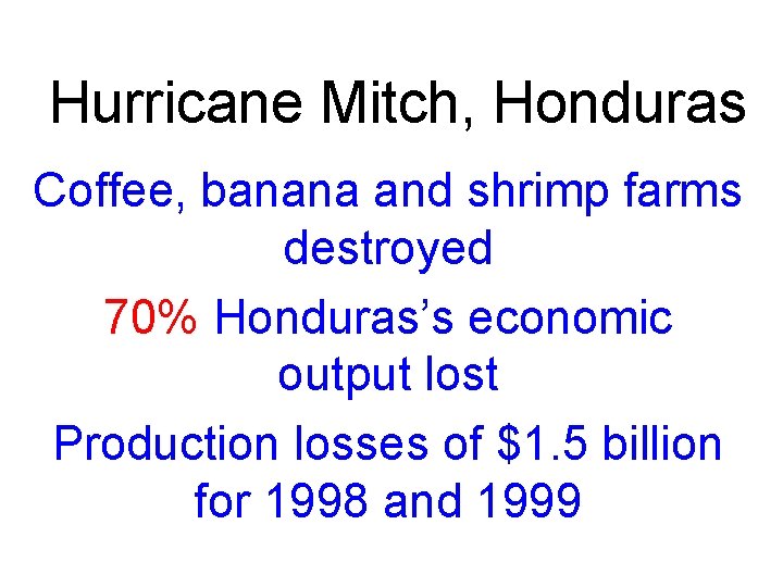 Hurricane Mitch, Honduras Coffee, banana and shrimp farms destroyed 70% Honduras’s economic output lost