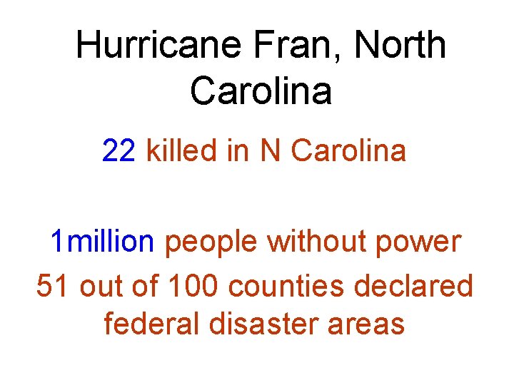 Hurricane Fran, North Carolina 22 killed in N Carolina 1 million people without power