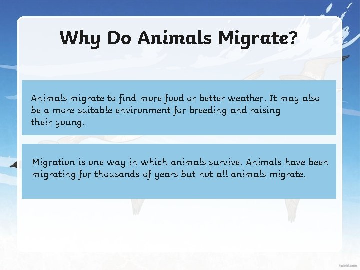 Why Do Animals Migrate? Animals migrate to find more food or better weather. It