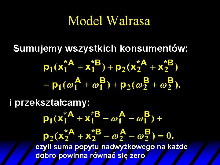 Model Walrasa Sumujemy wszystkich konsumentów: i przekształcamy: czyli suma popytu nadwyżkowego na każde dobro