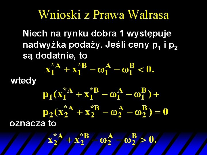 Wnioski z Prawa Walrasa Niech na rynku dobra 1 występuje nadwyżka podaży. Jeśli ceny