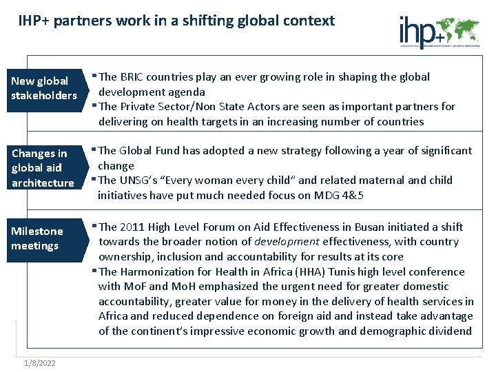 IHP+ partners work in a shifting global context New global stakeholders Changes in global