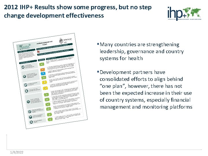 2012 IHP+ Results show some progress, but no step change development effectiveness ▪Many countries