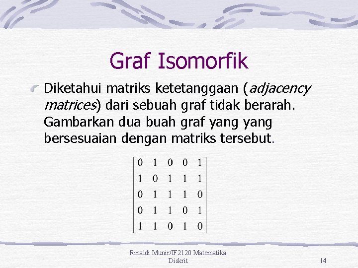 Graf Isomorfik Diketahui matriks ketetanggaan (adjacency matrices) dari sebuah graf tidak berarah. Gambarkan dua