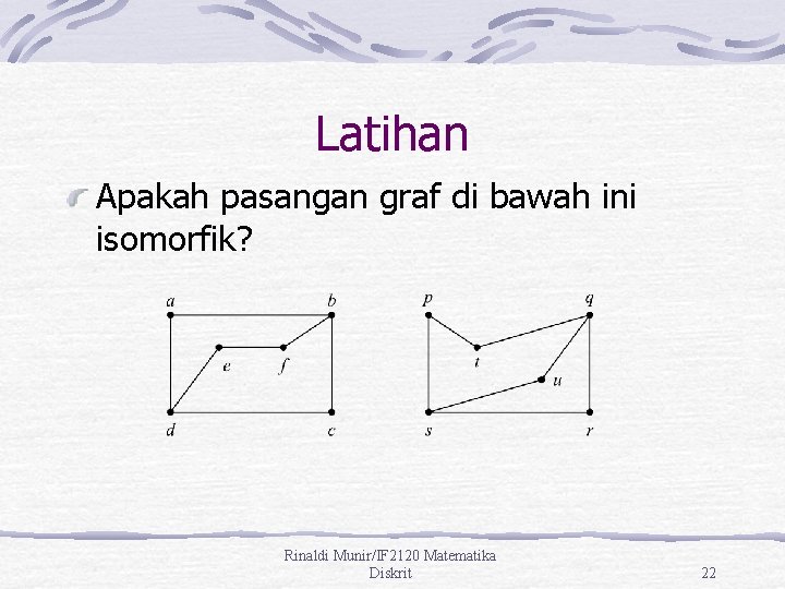 Latihan Apakah pasangan graf di bawah ini isomorfik? Rinaldi Munir/IF 2120 Matematika Diskrit 22