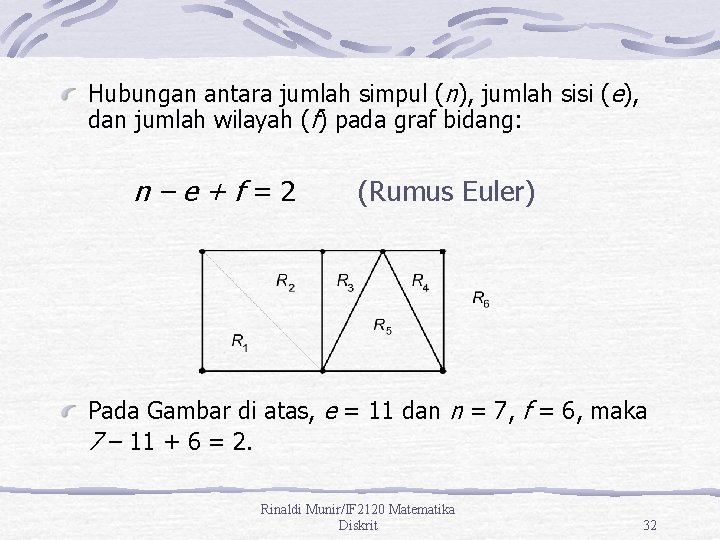 Hubungan antara jumlah simpul (n), jumlah sisi (e), dan jumlah wilayah (f) pada graf