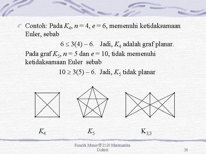 Contoh: Pada K 4, n = 4, e = 6, memenuhi ketidaksamaan Euler, sebab