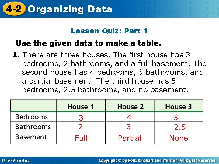 4 -2 Organizing Data Lesson Quiz: Part 1 Use the given data to make