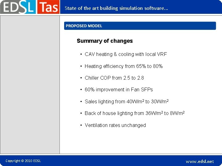 State of the art building simulation software. . . Summary of changes • CAV