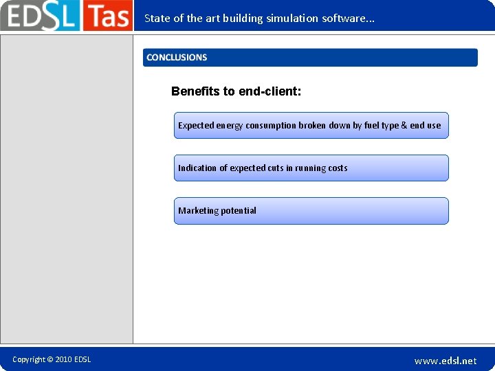 State of the art building simulation software. . . Benefits to end-client: Expected energy