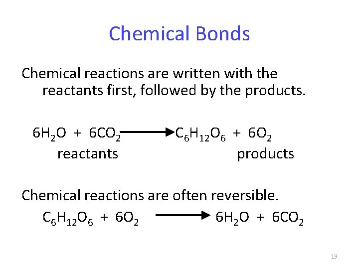 Chemical Bonds Chemical reactions are written with the reactants first, followed by the products.