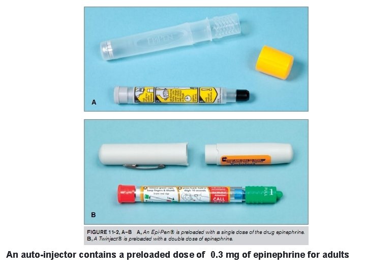 An auto-injector contains a preloaded dose of 0. 3 mg of epinephrine for adults