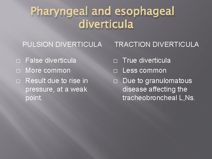 Pharyngeal and esophageal diverticula PULSION DIVERTICULA � � � False diverticula More common Result