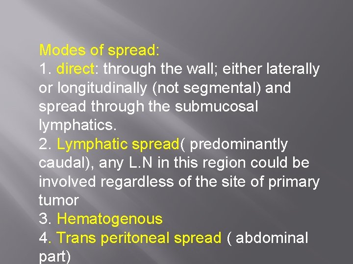 Modes of spread: 1. direct: through the wall; either laterally or longitudinally (not segmental)