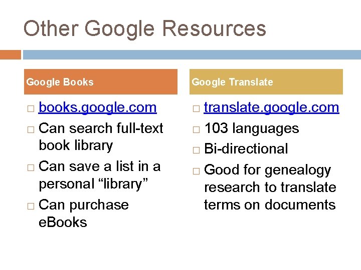 Other Google Resources Google Books books. google. com � Can search full-text book library