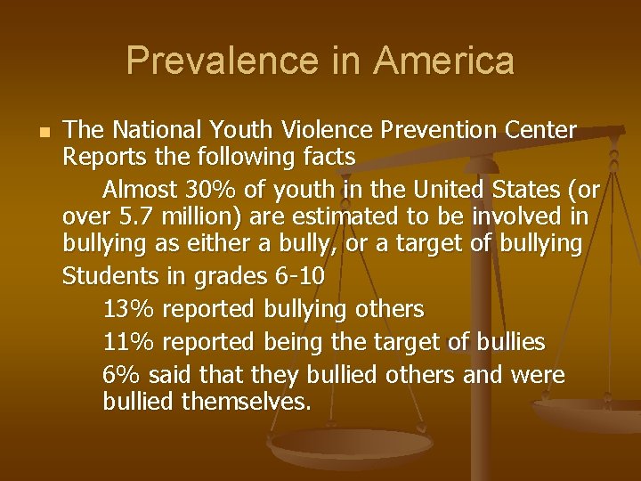 Prevalence in America n The National Youth Violence Prevention Center Reports the following facts