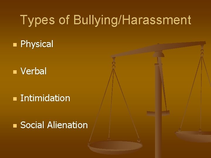 Types of Bullying/Harassment n Physical n Verbal n Intimidation n Social Alienation 