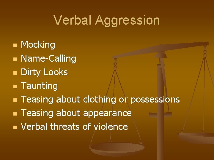 Verbal Aggression n n n Mocking Name-Calling Dirty Looks Taunting Teasing about clothing or