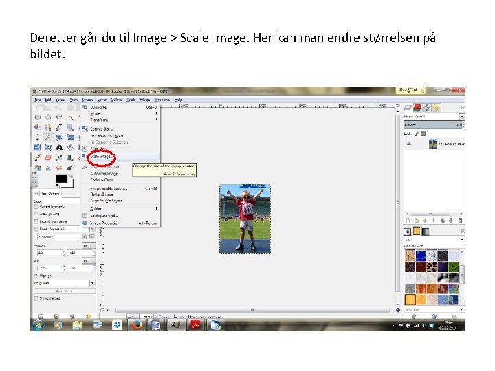 Deretter går du til Image > Scale Image. Her kan man endre størrelsen på