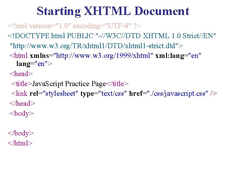 Starting XHTML Document <? xml version="1. 0" encoding="UTF-8" ? > <!DOCTYPE html PUBLIC "-//W