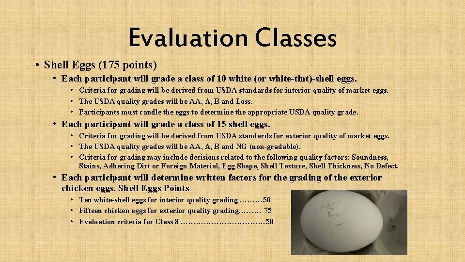 Evaluation Classes • Shell Eggs (175 points) • Each participant will grade a class