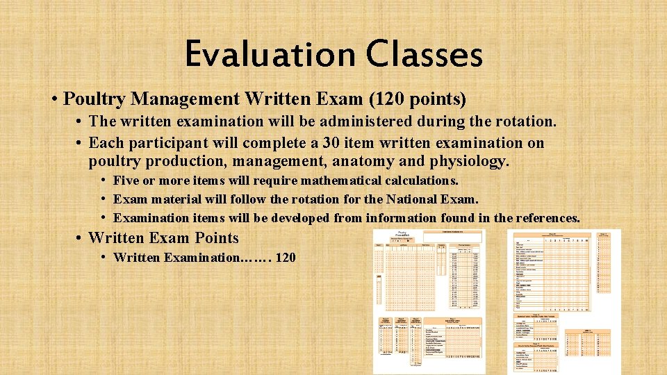 Evaluation Classes • Poultry Management Written Exam (120 points) • The written examination will