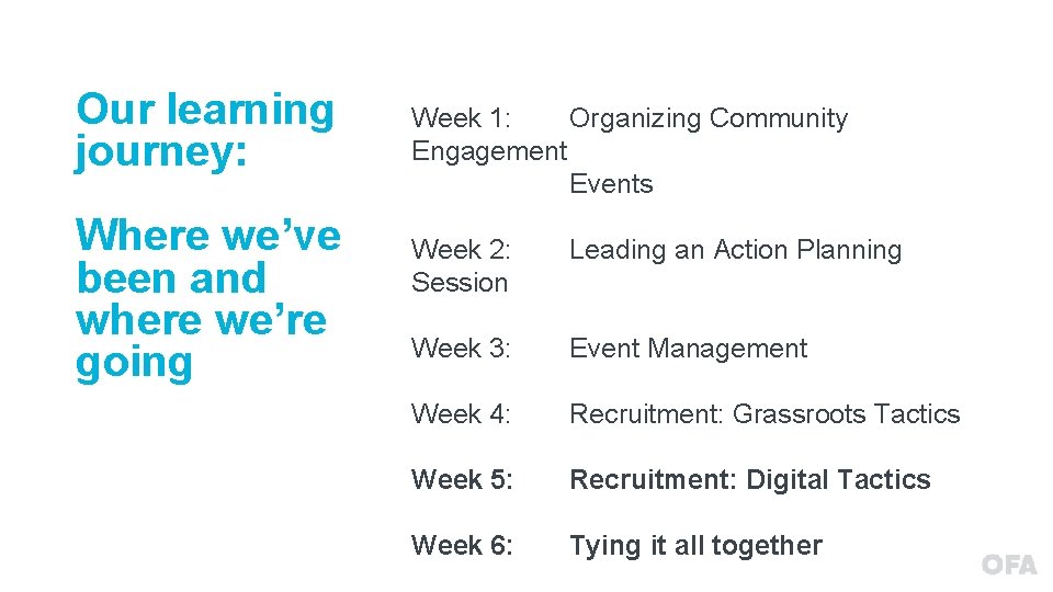 Our learning journey: Where we’ve been and where we’re going Week 1: Organizing Community